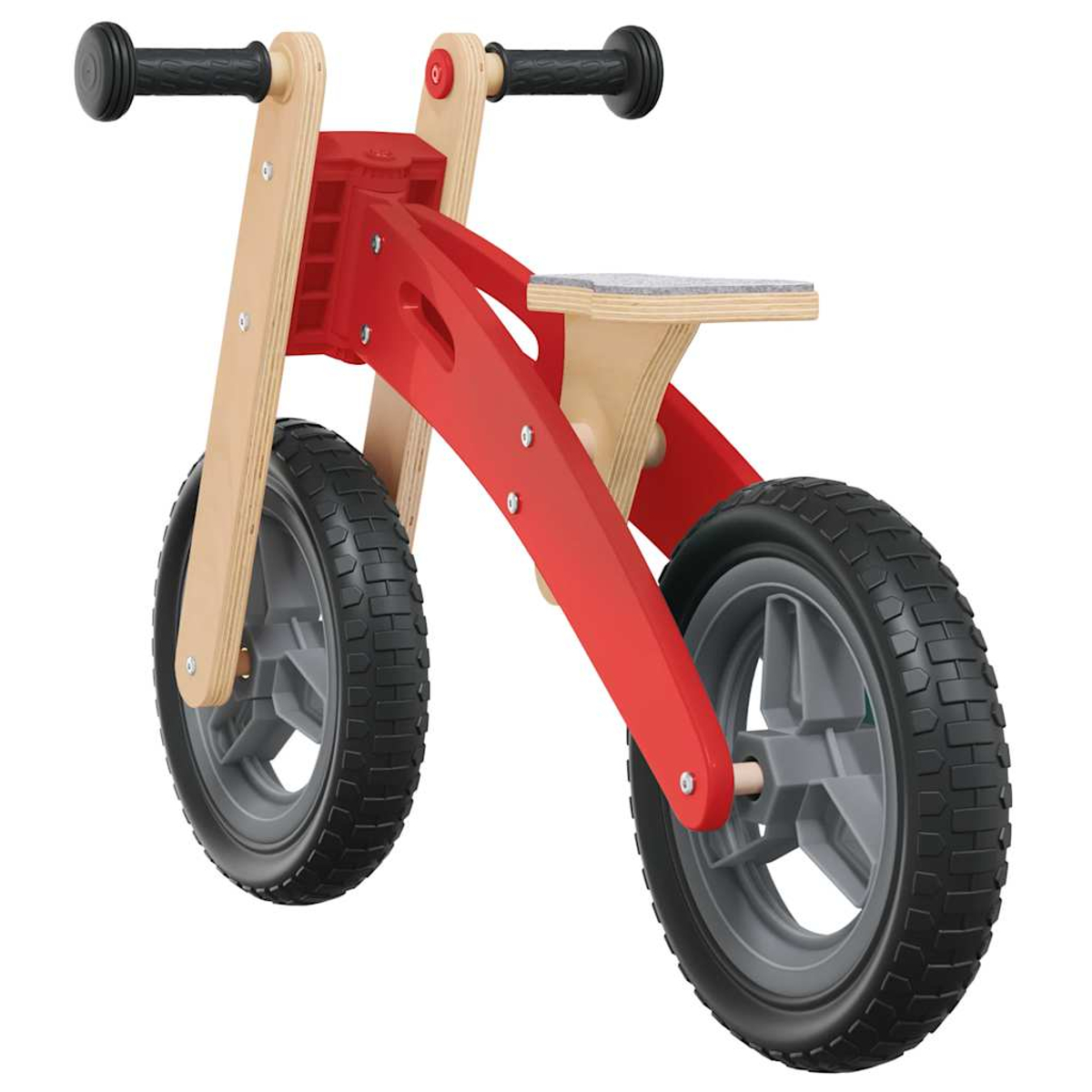 Ein rotes und natürliches Laufrad aus Holz mit schwarzen Lenkern, grauen Rädern und einem kleinen Sitz. Das Design ist modern und minimalistisch.