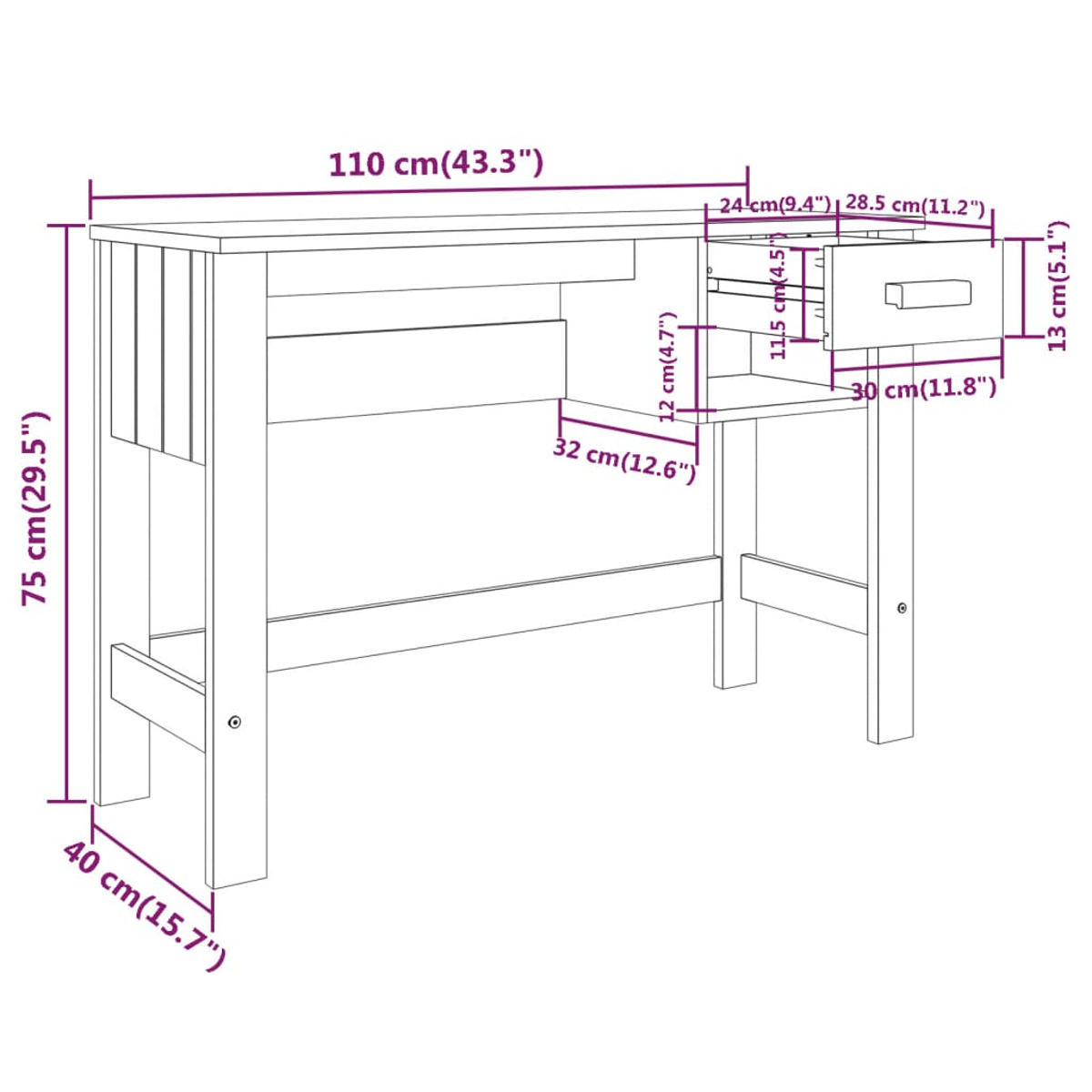 Ein Diagramm eines Holzschreibtisches mit Maßangaben in cm und Zoll. Es hat eine Schublade und ein Seitenfach.