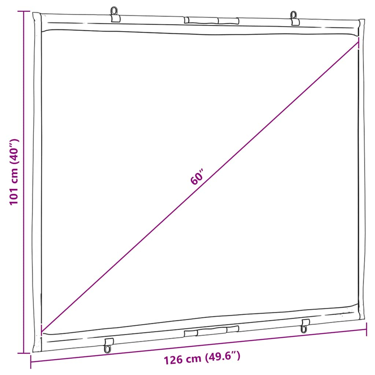 Ein rechteckiger weißer Projektorbildschirm. Abmessungen: 101 cm (40") hoch, 126 cm (49,6") breit. Eine Diagonale zeigt 60".