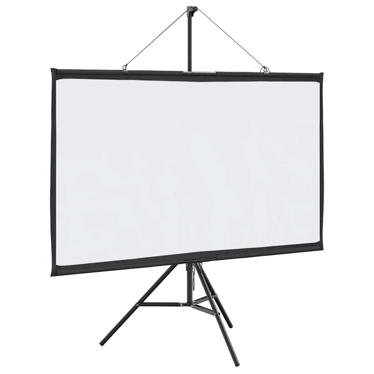 Eine weiße Projektionsleinwand steht auf einem schwarzen Stativ. Der Bildschirm hat einen schwarzen Rand und hängt.