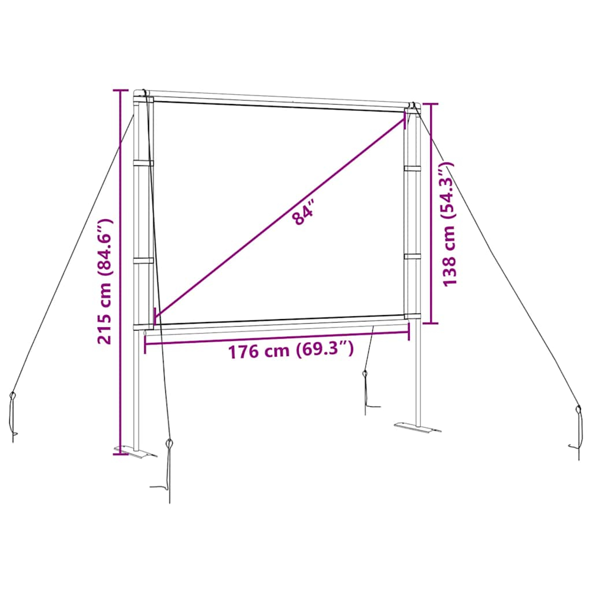 Ein weißer Bildschirm mit lila beschrifteten Abmessungen. Er wird von Pfosten und Seilen getragen. Der Rahmen ist 176 cm (69,3") breit und 215 cm (84,6") hoch.