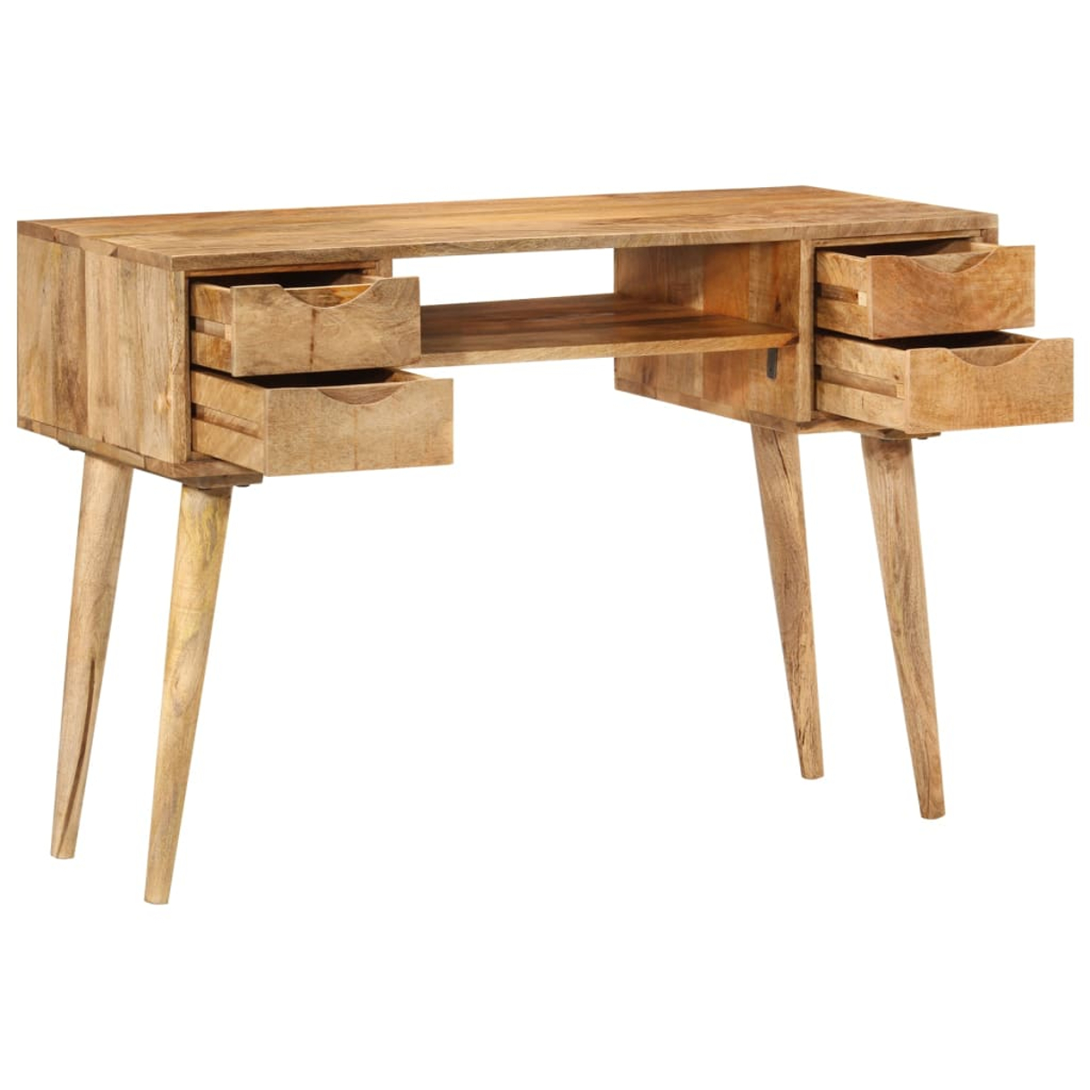 Ein Holzschreibtisch mit zwei Schubladen auf jeder Seite und vier angewinkelten Beinen. Die Schubladen sind offen. Der Schreibtisch ist hellbraun.