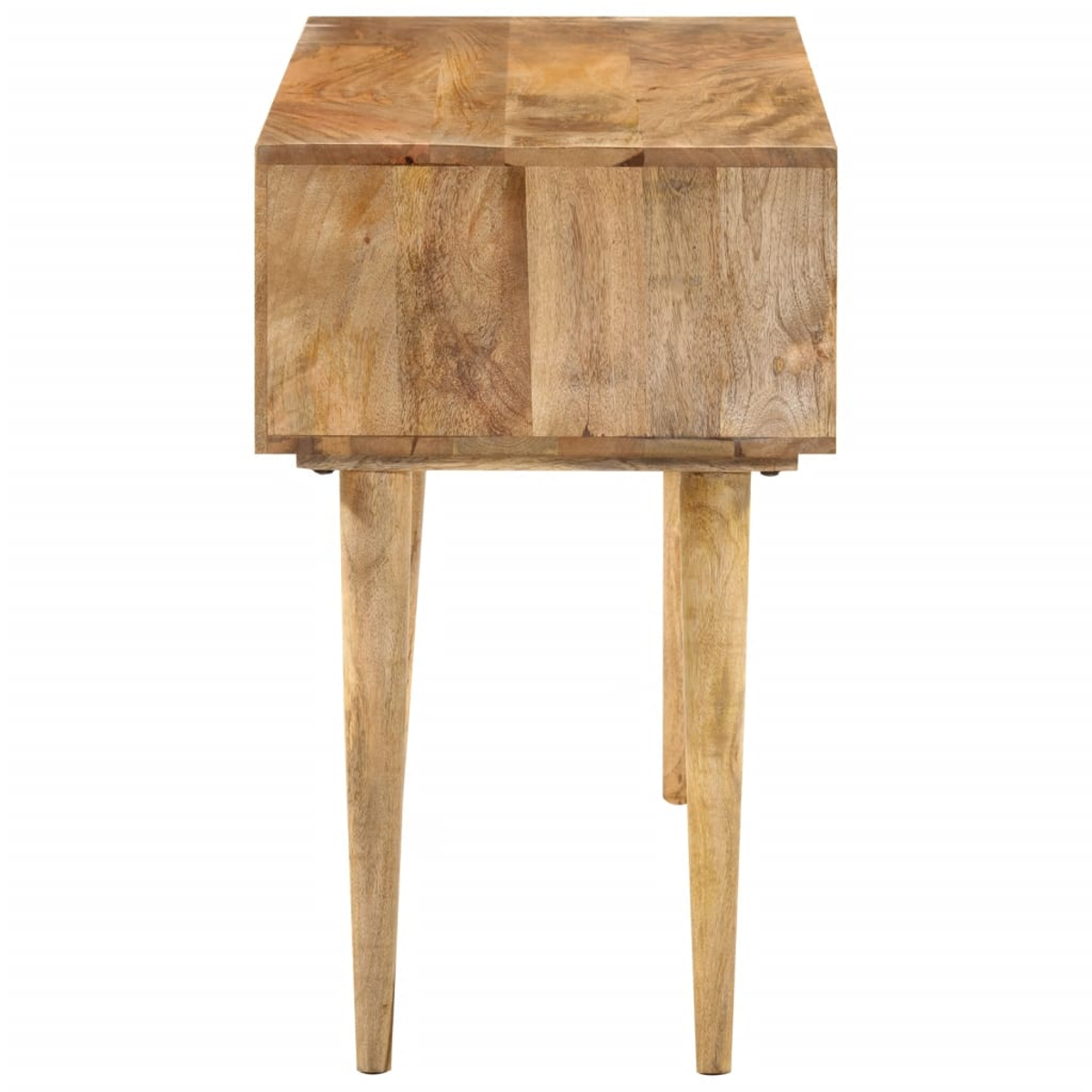 Nachttisch aus Holz mit zwei Schubladen und vier konisch zulaufenden Beinen, vor weißem Hintergrund.