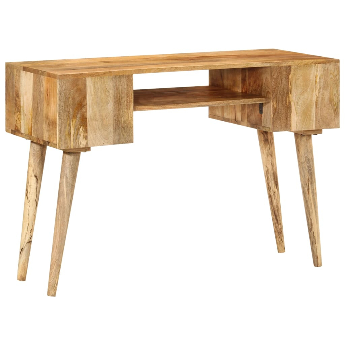 Holzschreibtisch mit Regal und konischen Beinen. Der Schreibtisch besteht aus hellbraunem Holz und steht vor weißem Hintergrund.