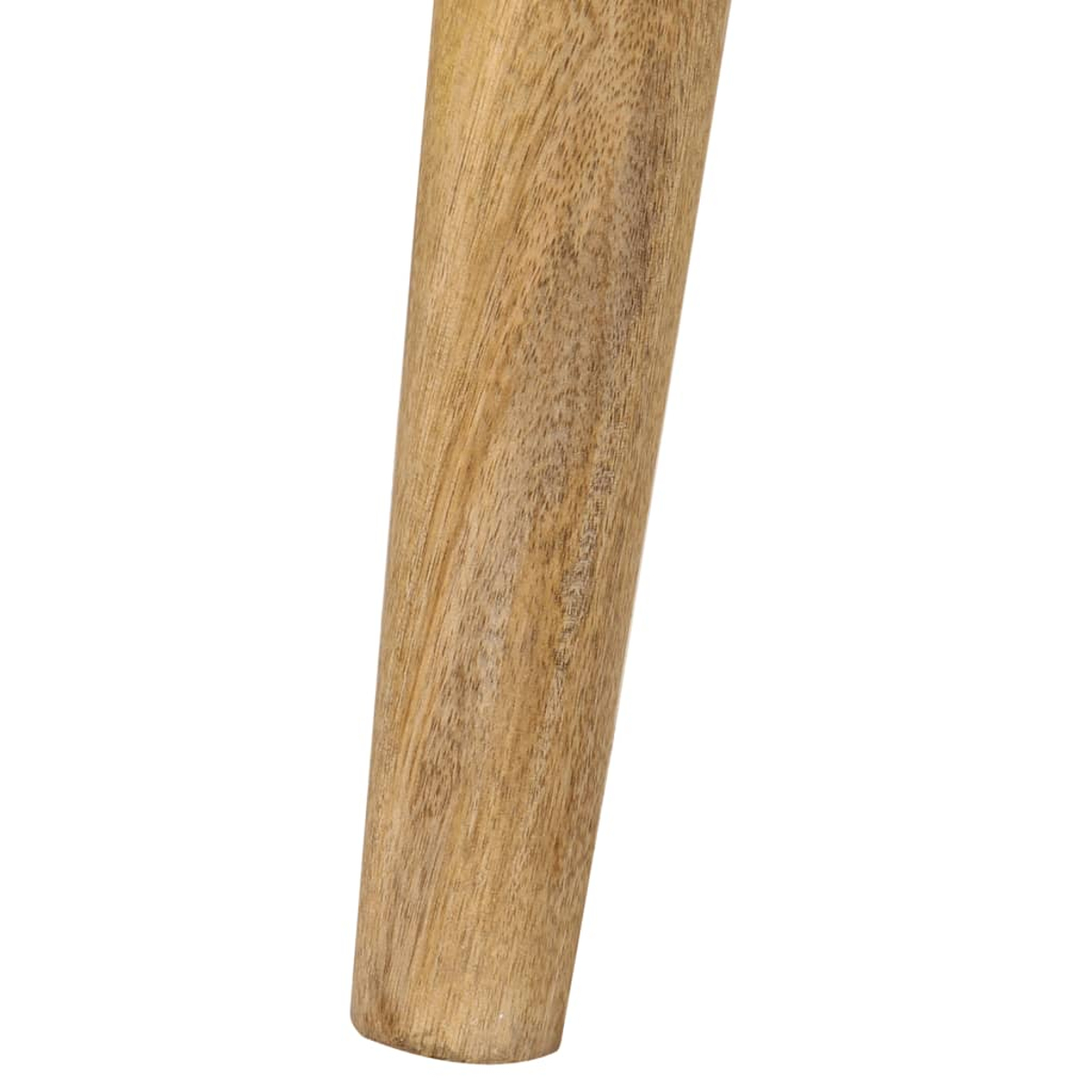 Nahaufnahme eines Holzmöbelfußes. Er ist hellbraun mit sichtbarer Holzmaserung. Das Bein ist konisch und vor weißem Hintergrund.