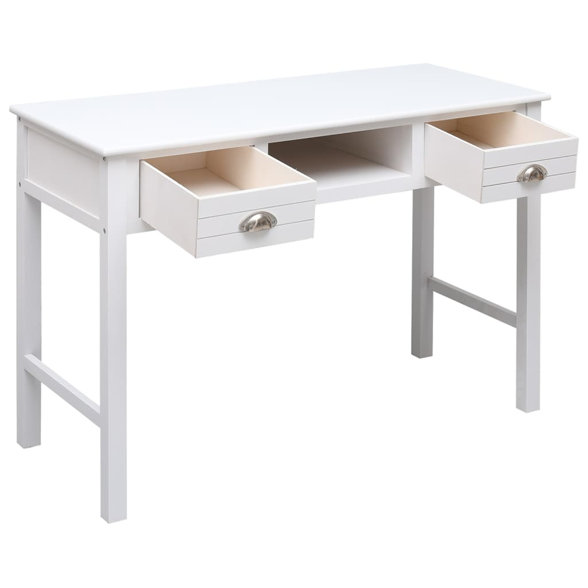Ein weißer Holzschreibtisch mit zwei offenen Schubladen, jede mit einem silbernen Griff. Der Schreibtisch hat ein schlichtes Design und steht auf weißem Hintergrund.