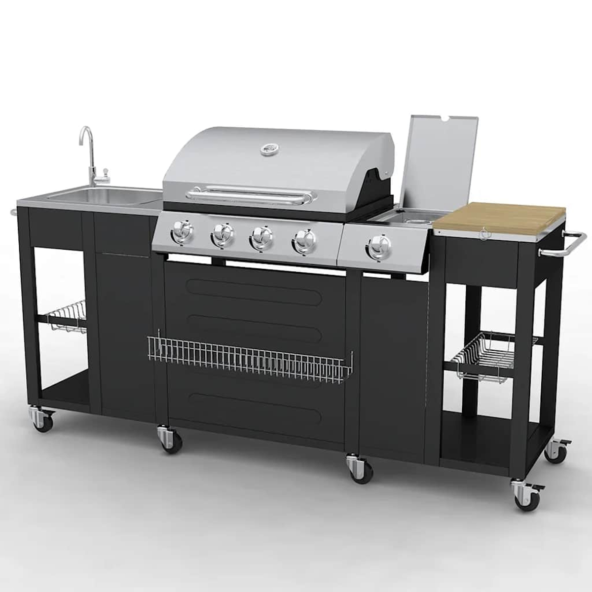 Eine schwarze Außenküche mit Grill, Spüle und Schneidebrett. Sie hat Räder und Ablagen.