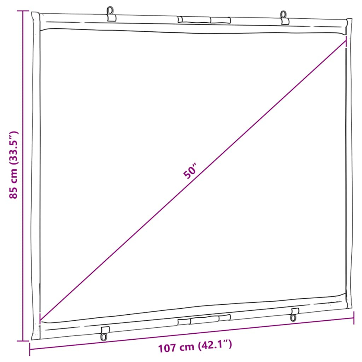 Eine weiße Projektionsleinwand mit Größenangaben. 85 cm x 107 cm, mit einer Diagonale von 50 Zoll. Sie hat Aufhängeschlaufen und einen aufgerollten Boden.