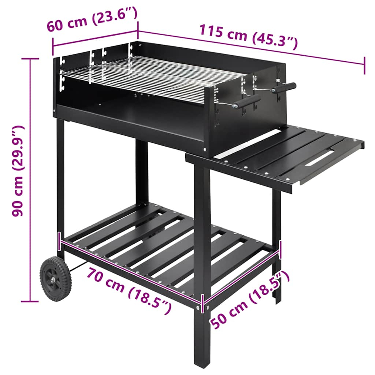 Schwarzer Metallgrill mit Ablage, Rädern und Maßangaben in cm und Zoll.