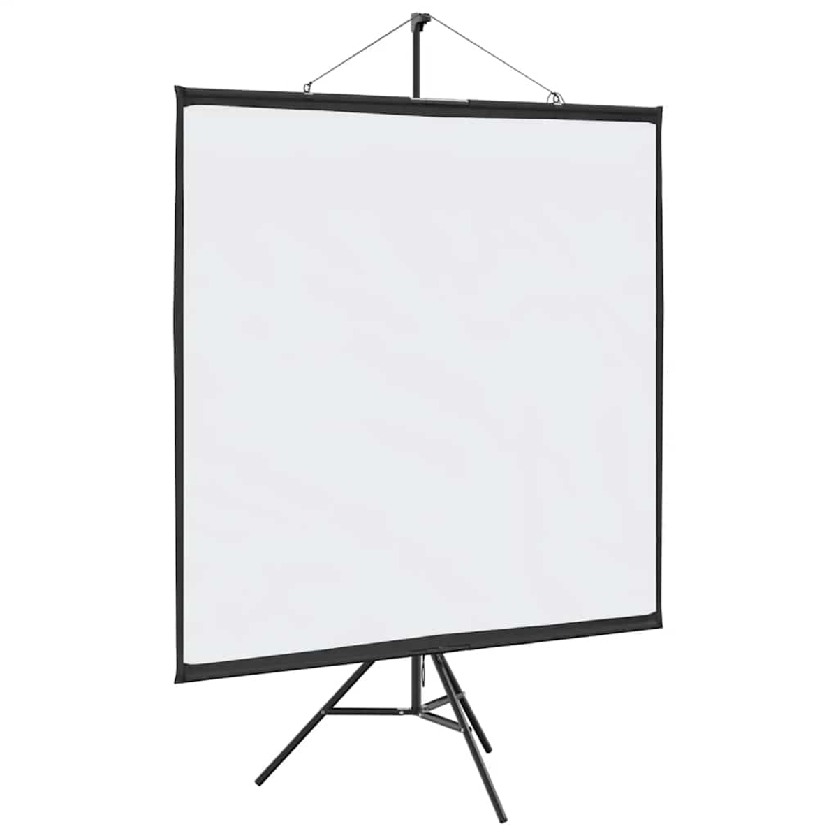 Eine weiße Projektorleinwand auf einem schwarzen Stativ. Der Bildschirm ist rechteckig. Das Stativ und der Rahmen sind schwarz.