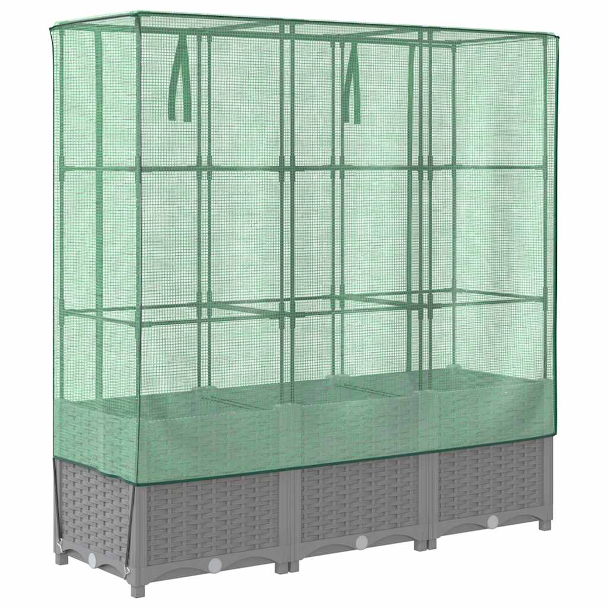 Serra a rete verde su base grigia. Struttura con ripiani e copertura con maniglie. La base ha una trama tessuta.