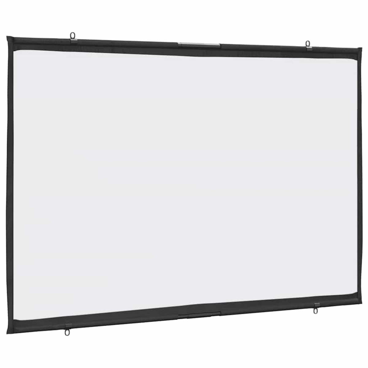 Eine rechteckige Projektorleinwand mit weißer Oberfläche und schwarzem Rahmen. Sie hat Aufhängeschlaufen oben und unten.