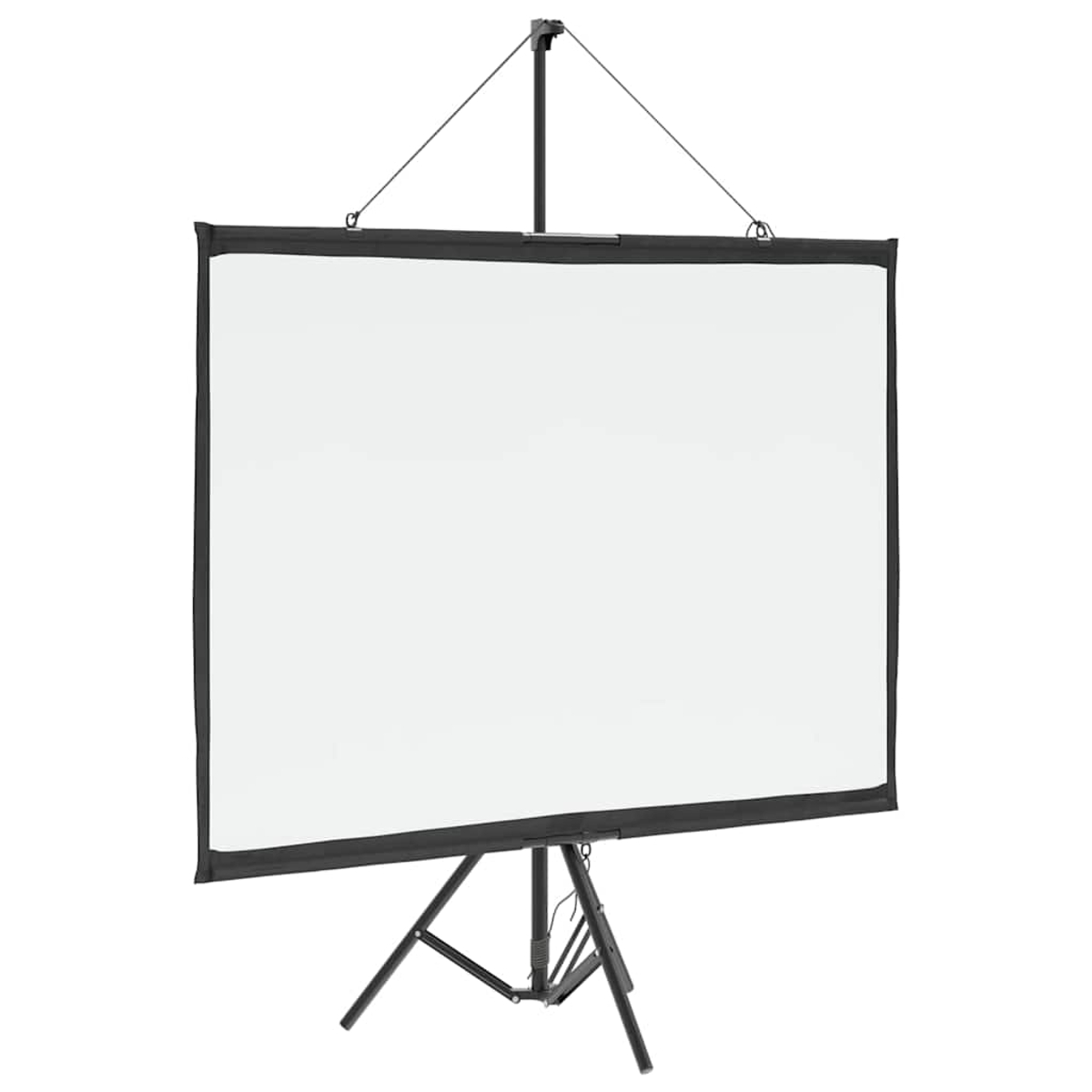 Eine weiße Projektorleinwand auf einem schwarzen Stativ. Der Bildschirm ist rechteckig mit schwarzen Rändern. Er wird von einem schwarzen Stativ getragen.