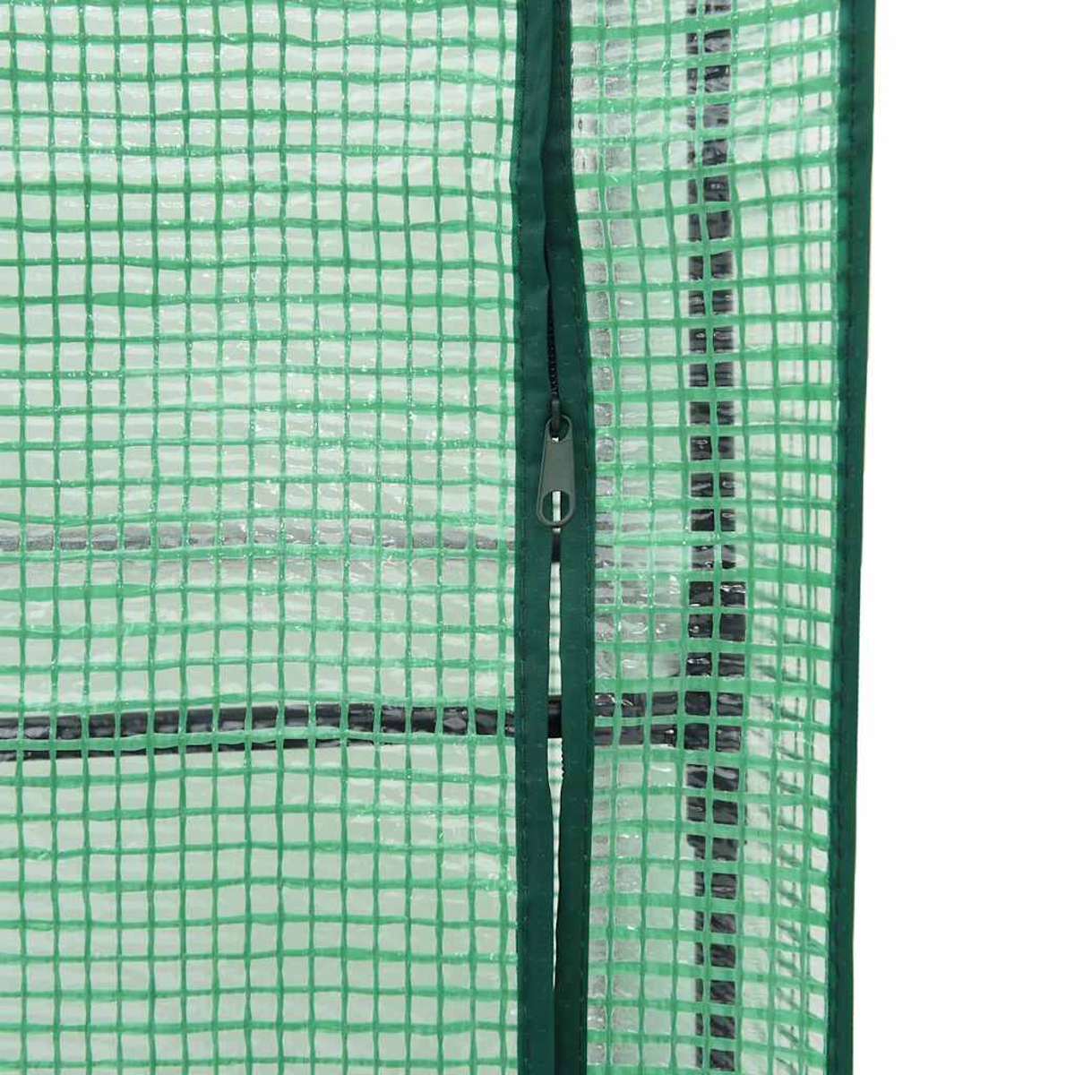 Primo piano di una struttura verde a griglia con cerniera. Lo sfondo è un motivo a griglia più scuro.