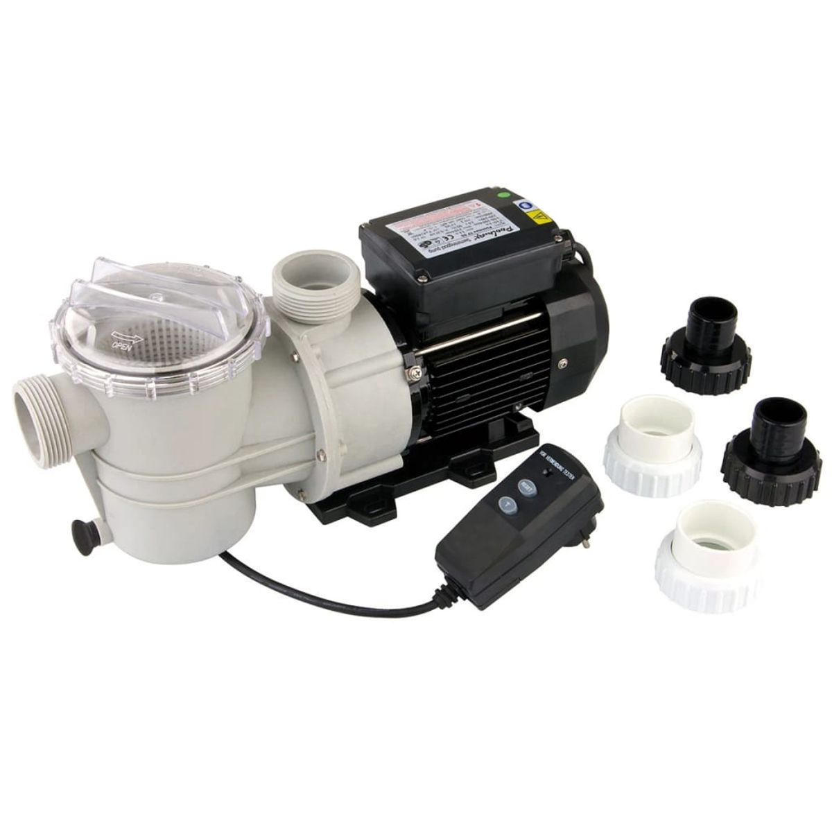Eine Poolpumpe mit klarem Filter, schwarzem Motor und Fernbedienung. Mehrere weiße und schwarze Armaturen sind ebenfalls sichtbar.