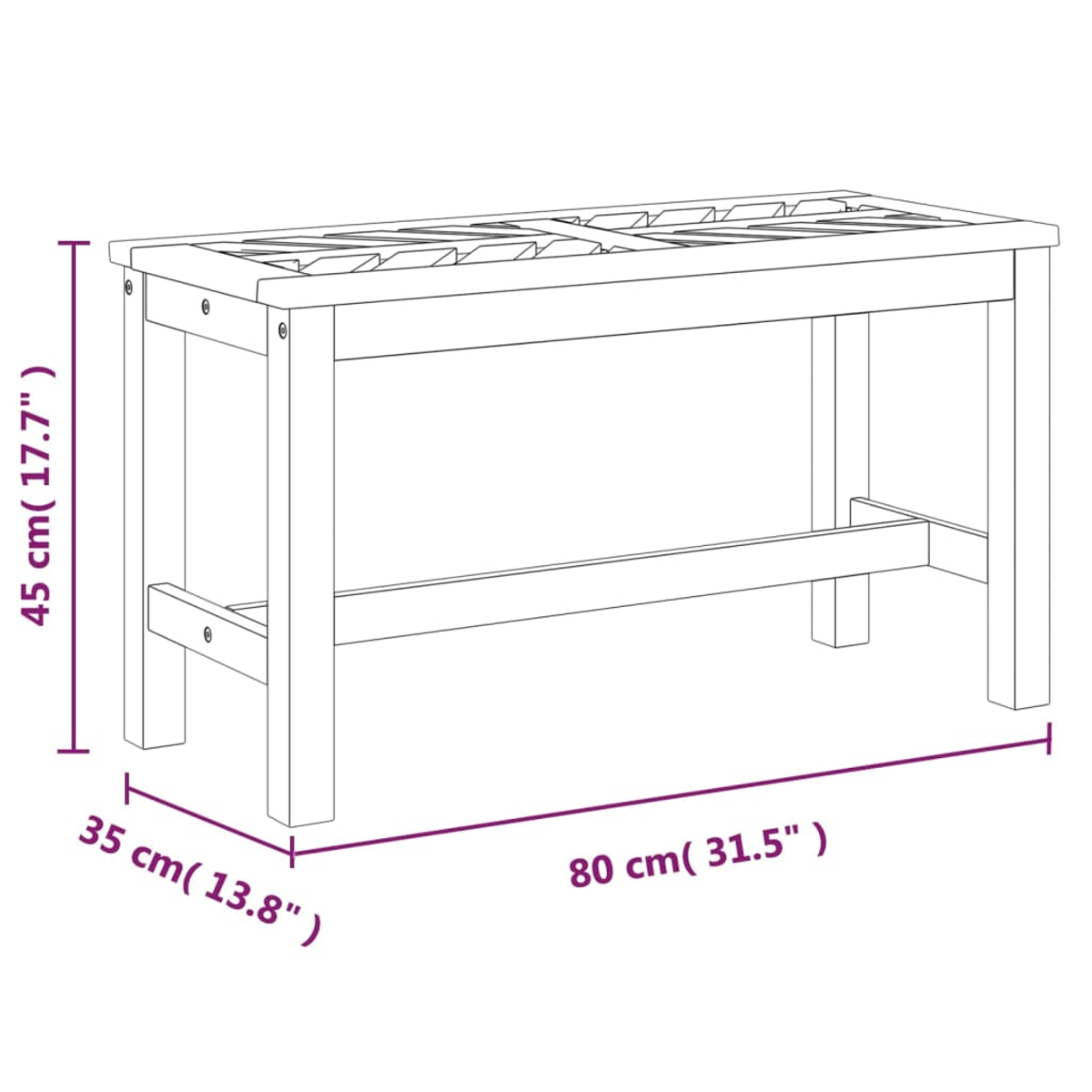 Eine Holzbank mit den Maßen: 80 cm lang, 45 cm hoch und 35 cm breit. Die Bank hat eine Lattenoberseite und einen Stützbalken.