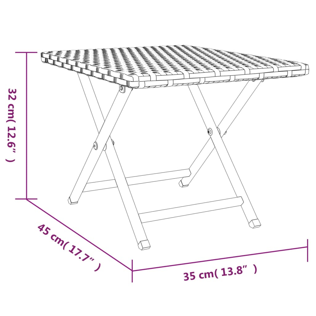 Ein klappbarer quadratischer Tisch mit gewebter Oberseite und gekreuzten Beinen wird mit den Maßen 32 cm Höhe, 45 cm Breite und 35 cm Tiefe gezeigt.