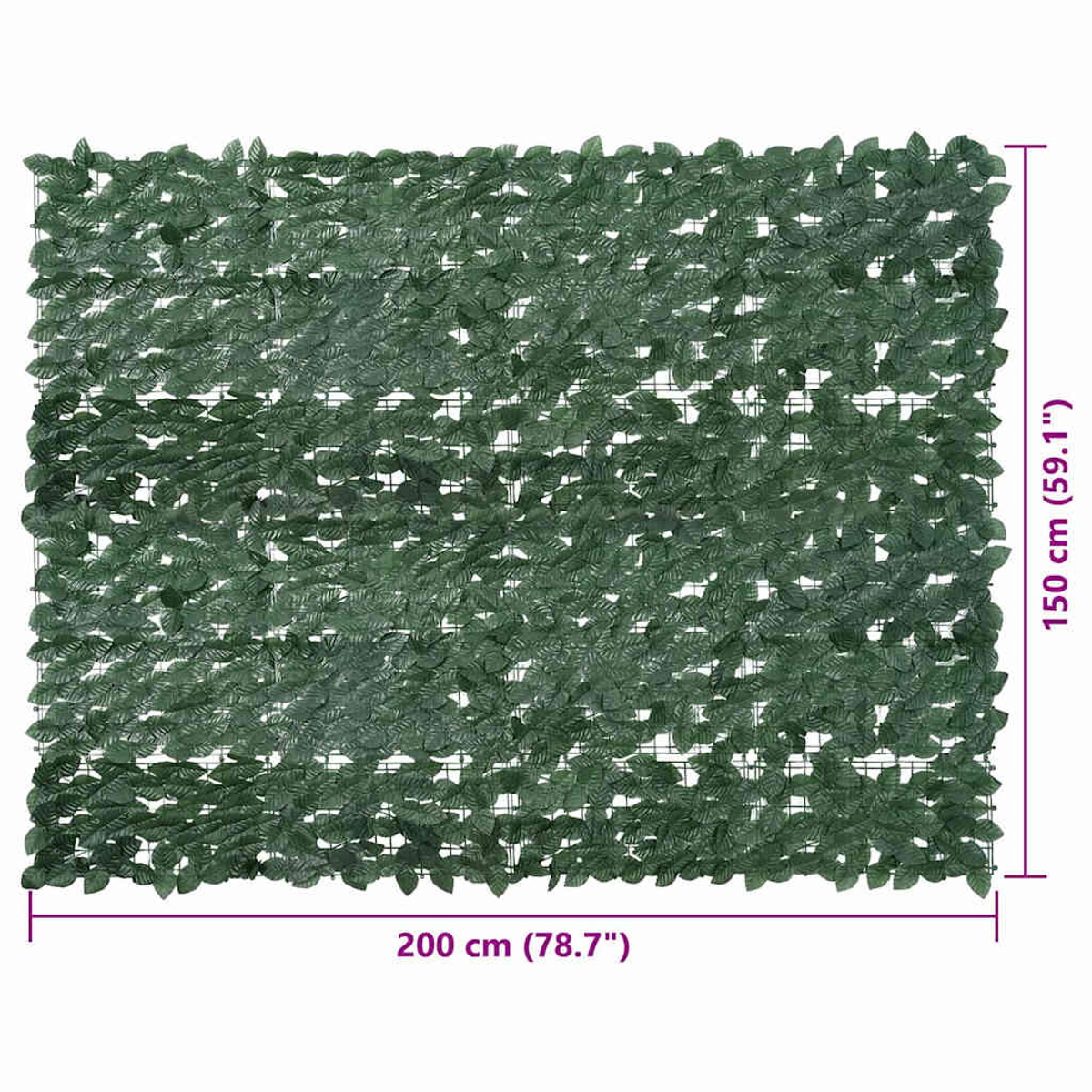 Eine rechteckige grüne künstliche Hecke. Die Maße sind 200 cm breit und 150 cm hoch. Die Blätter sind dicht, dunkelgrün und bedecken die gesamte Oberfläche.