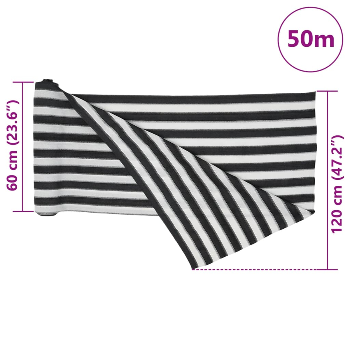 Eine Rolle schwarz-weiß gestreiften Stoffes ist teilweise ausgerollt. Abmessungen: 60 cm (23,6") und 120 cm (47,2").