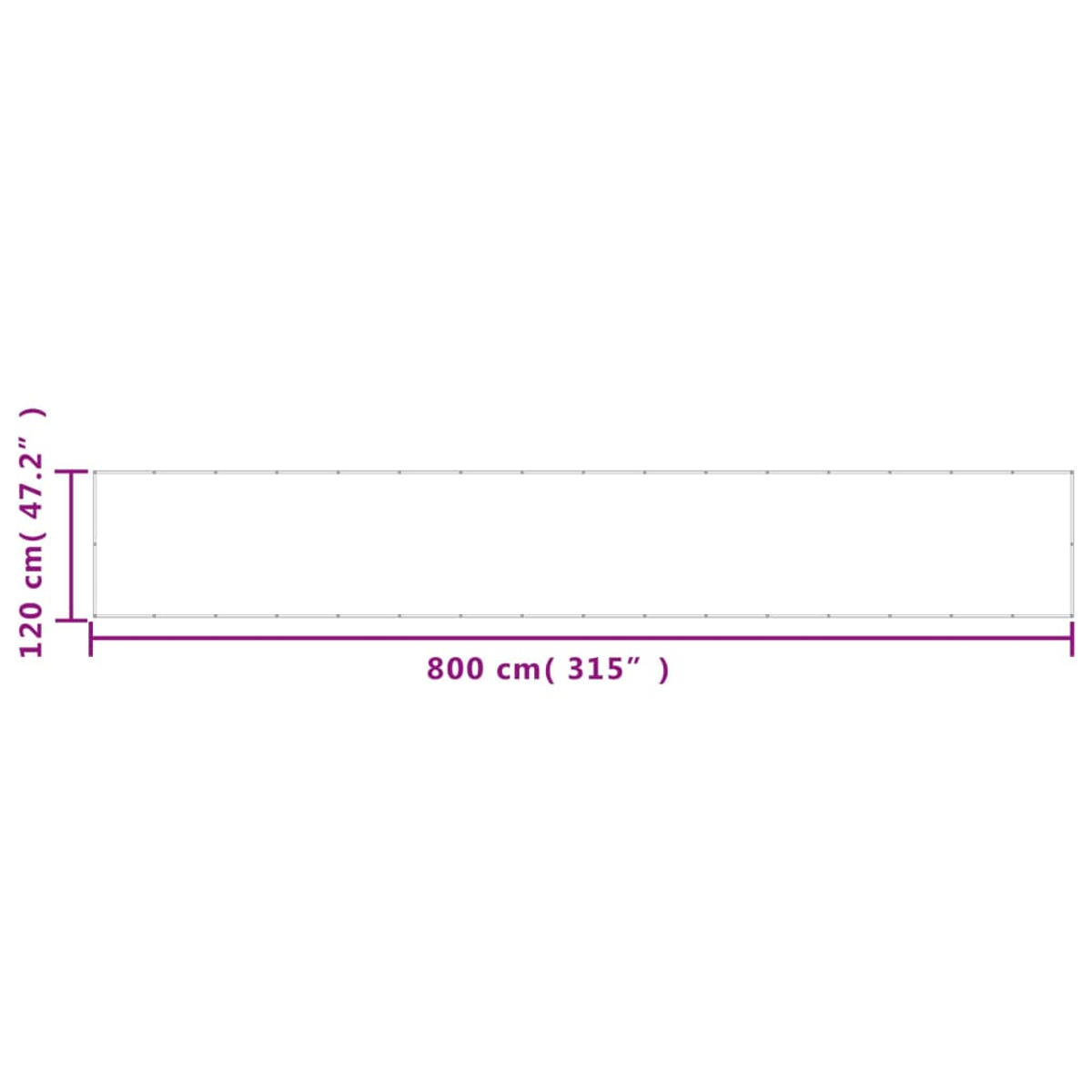 Diagramm mit einer langen, rechteckigen Form mit den angegebenen Abmessungen: 120 cm (47,2") hoch und 800 cm (315") lang.