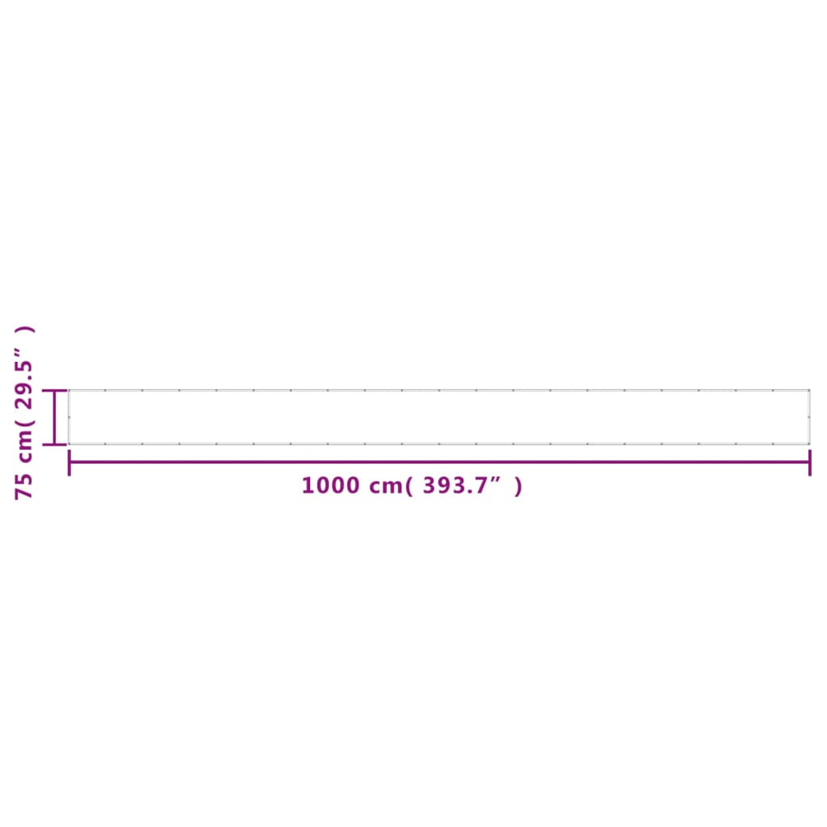 Diagramm, das ein langes, dünnes Rechteck mit den Maßen zeigt: 1000 cm (393,7 Zoll) lang und 75 cm (29,5 Zoll) hoch.