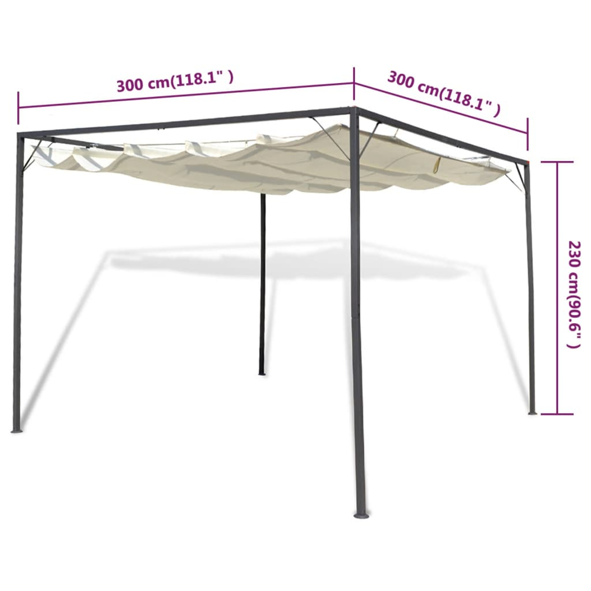 Ein grauer Metallpavillon mit cremefarbenem Baldachin. Abmessungen sind beschriftet: 300 cm x 300 cm und 230 cm hoch. Schatten sichtbar.