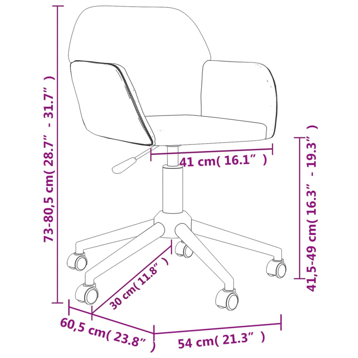 Diagramm eines Bürostuhls mit Abmessungen in cm und Zoll. Enthält Sitz, Rückenlehne, Armlehnen, Fuß und Räder.