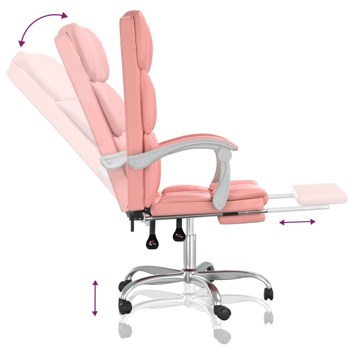 Rosa Bürostuhl mit verstellbarer Rückenlehne, Armlehnen, Fußstütze und Rollfuß. Pfeile zeigen verstellbare Teile und Bewegungsspielraum an.