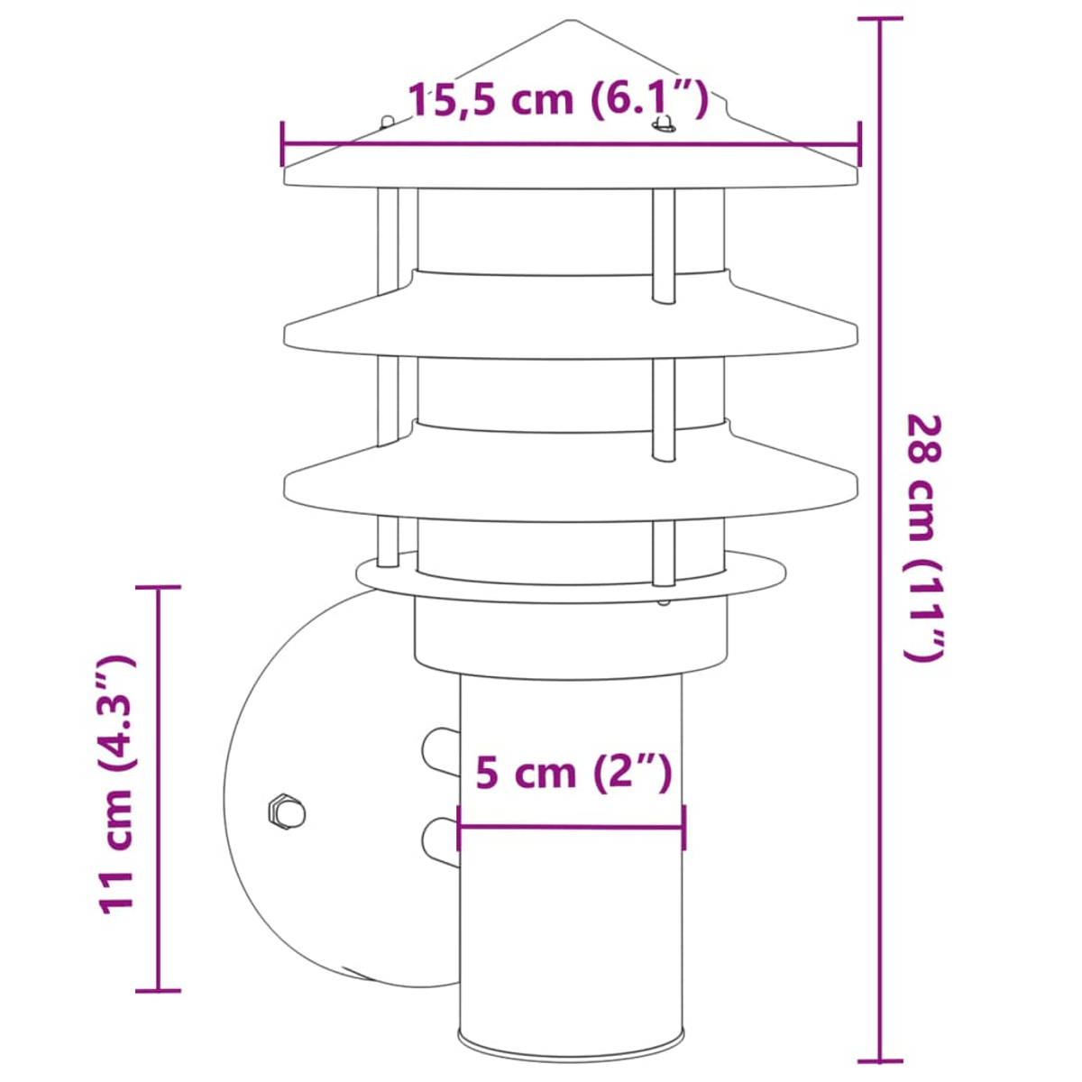 Ein Diagramm einer Außenlampe, das ihre Abmessungen in Zentimetern und Zoll zeigt. Die Lampe ist zylindrisch mit abgestuften Schirmen.