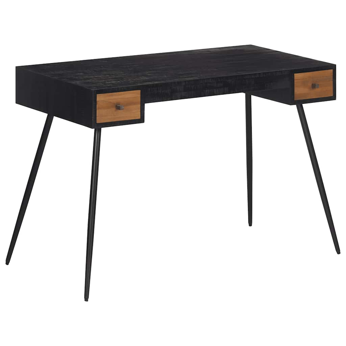 Schwarzer Holzschreibtisch mit zwei Schubladen und dünnen schwarzen Metallbeinen. Schubladen sind hellbraun.