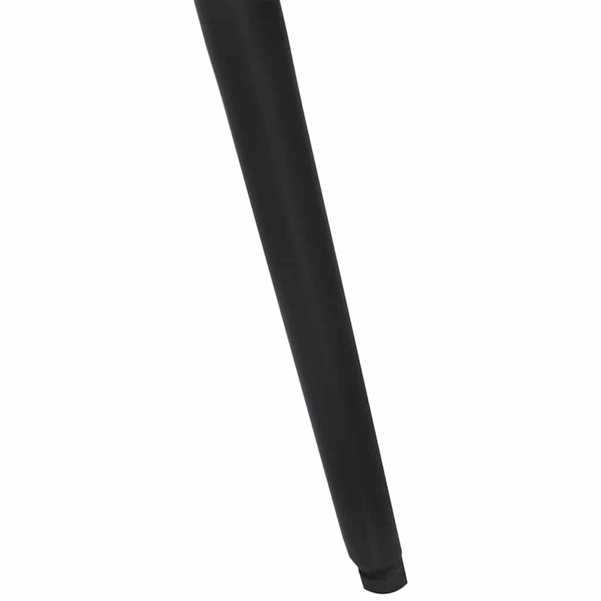 Ein schwarzes, abgewinkeltes Möbelbein vor weißem Hintergrund. Das Bein ist verjüngt und scheint aus massivem Material zu bestehen.