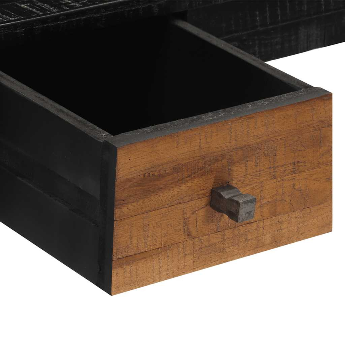 Nahaufnahme einer Holzschublade, braune Front mit dunklem Knauf, in einem schwarzen Rahmen. Die Schublade ist teilweise geöffnet, innen leer.