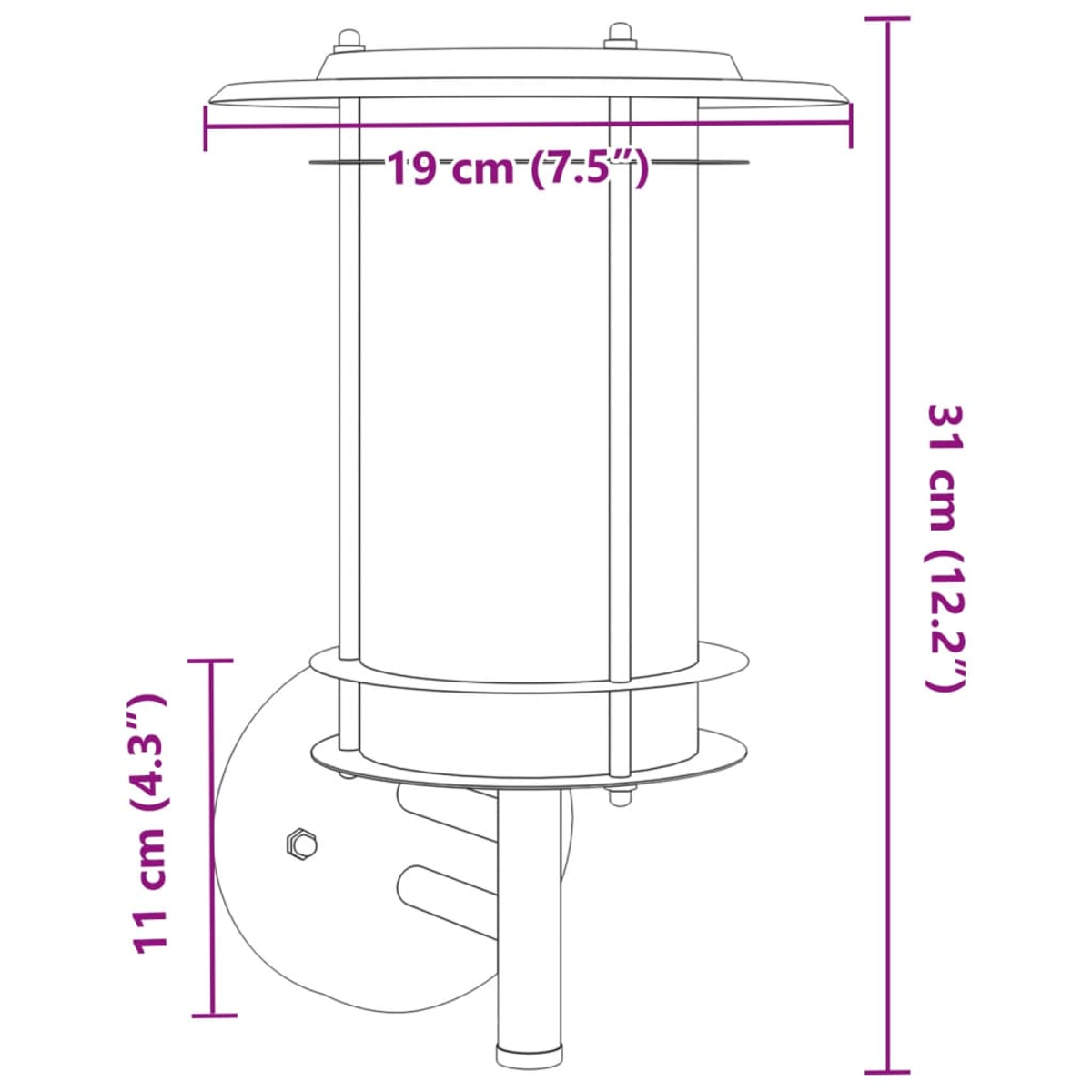 Ein Diagramm einer Wandleuchte mit Maßen. Die Lampe ist zylindrisch mit kreisförmigem Ober- und Unterteil. Abmessungen: 31 cm, 19 cm und 11 cm.