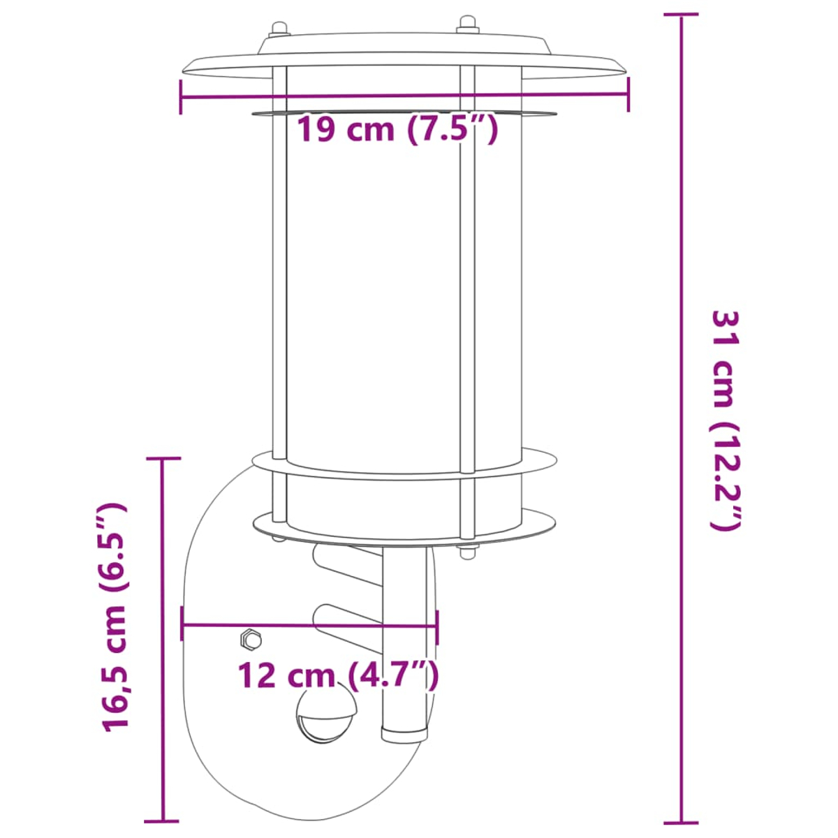 Diagramm einer Lampe mit Abmessungen in cm und Zoll. Sie hat einen zylindrischen Körper, eine Ober- und eine Unterseite. Die Abmessungen sind angegeben.