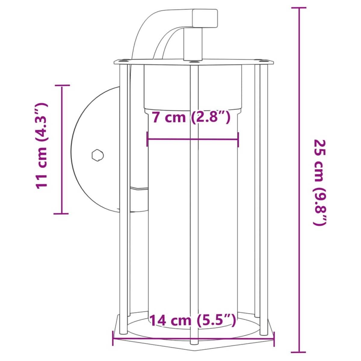 Ein schematisches Diagramm einer Wandleuchte mit in Zentimetern und Zoll beschrifteten Abmessungen.