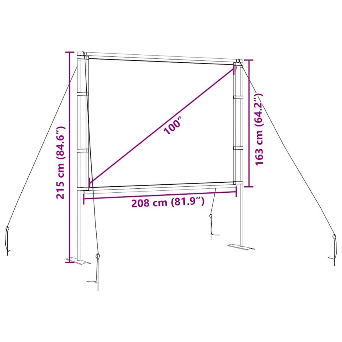 Ein weißer Bildschirm mit Maßen in cm und Zoll: Höhe 215 cm, Breite 208 cm, Diagonale 100 Zoll und Höhe 163 cm.
