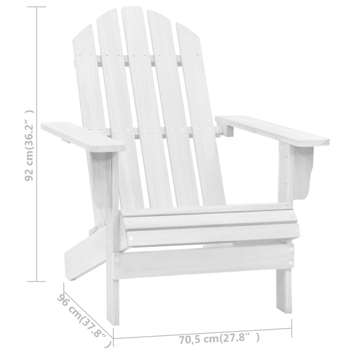Ein weißer Holz-Adirondack-Stuhl wird gezeigt. Die Abmessungen sind beschriftet: 92 cm hoch, 96 cm tief und 70,5 cm breit.