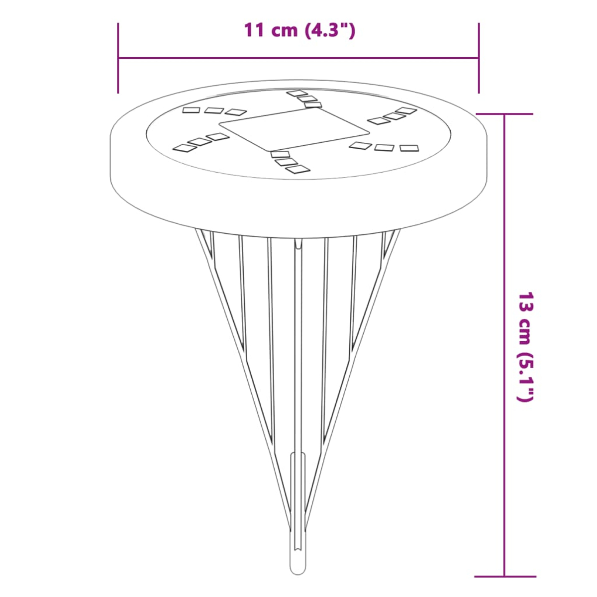 Eine Illustration einer Solar-Gartenleuchte. Sie hat eine runde Oberseite mit kleinen Rechtecken, getragen von einem kegelförmigen Rahmen. Maße sind angegeben.