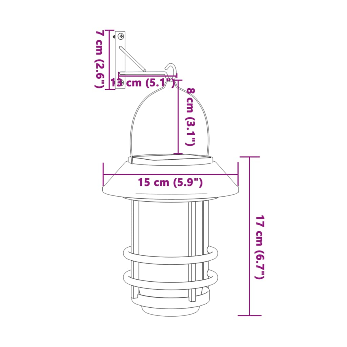 Ein Diagramm einer Laterne mit Maßen. Es zeigt die Abmessungen der Laterne in Zentimetern und Zoll. Die Laterne hat einen Griff.