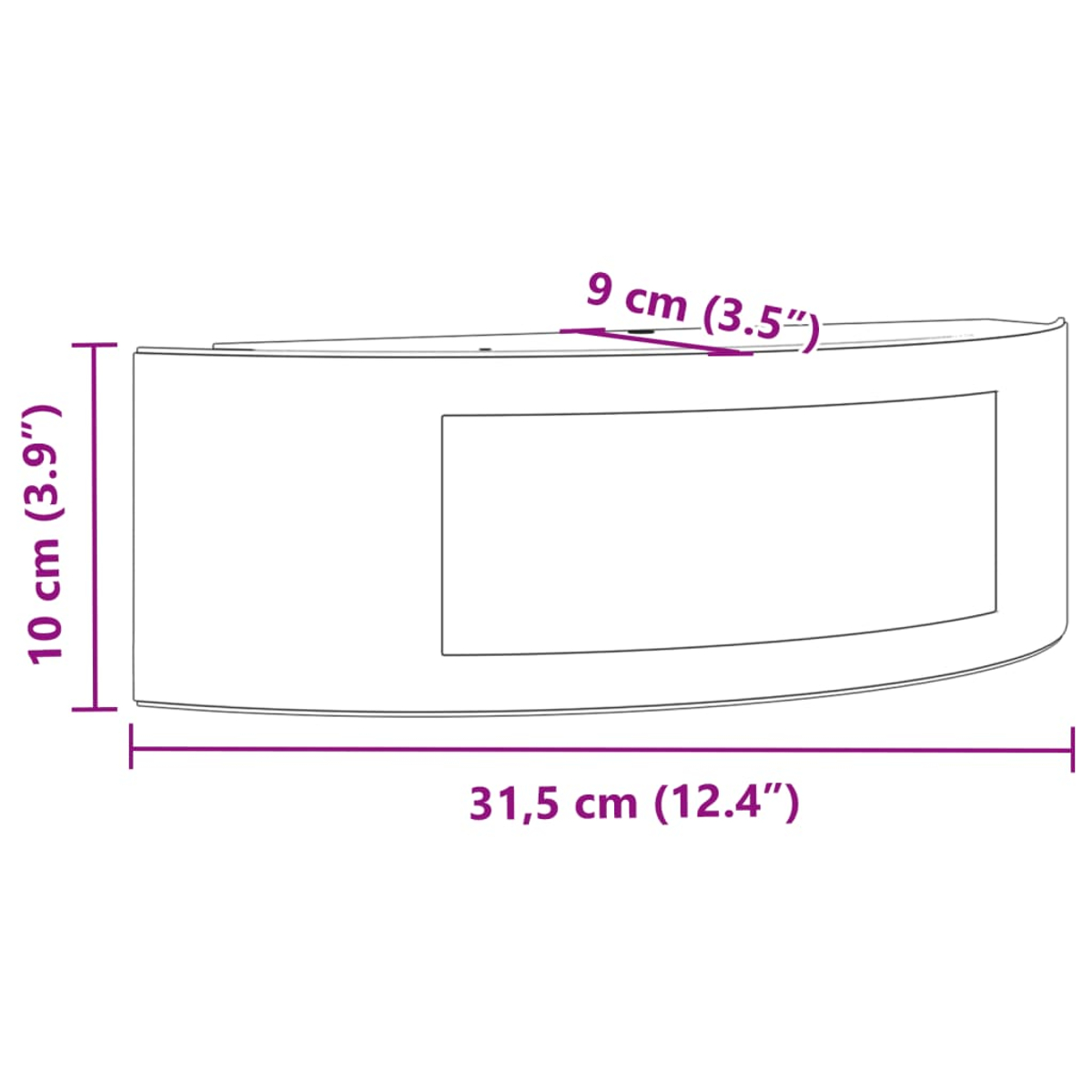 Diagramm eines gebogenen rechteckigen Objekts mit Maßen: 10 cm Höhe, 31,5 cm Länge und 9 cm Breite, auch in Zoll.
