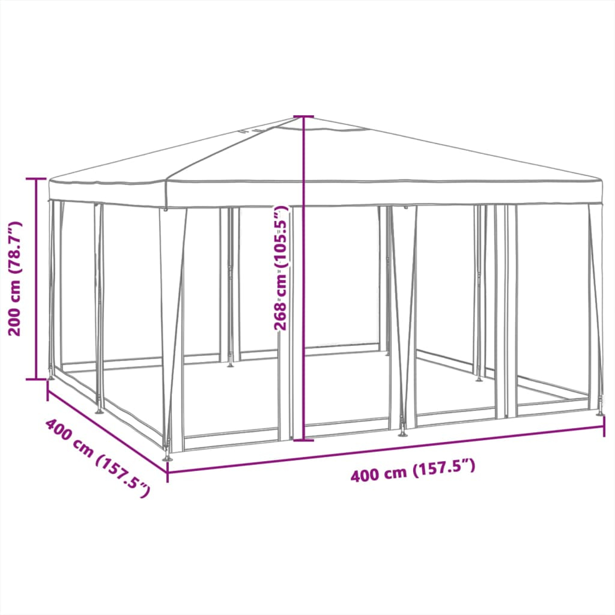 Un gazebo bianco con dimensioni etichettate. Ha un telaio rettangolare, un tetto a punta e tende. Le misure sono fornite in cm e pollici.