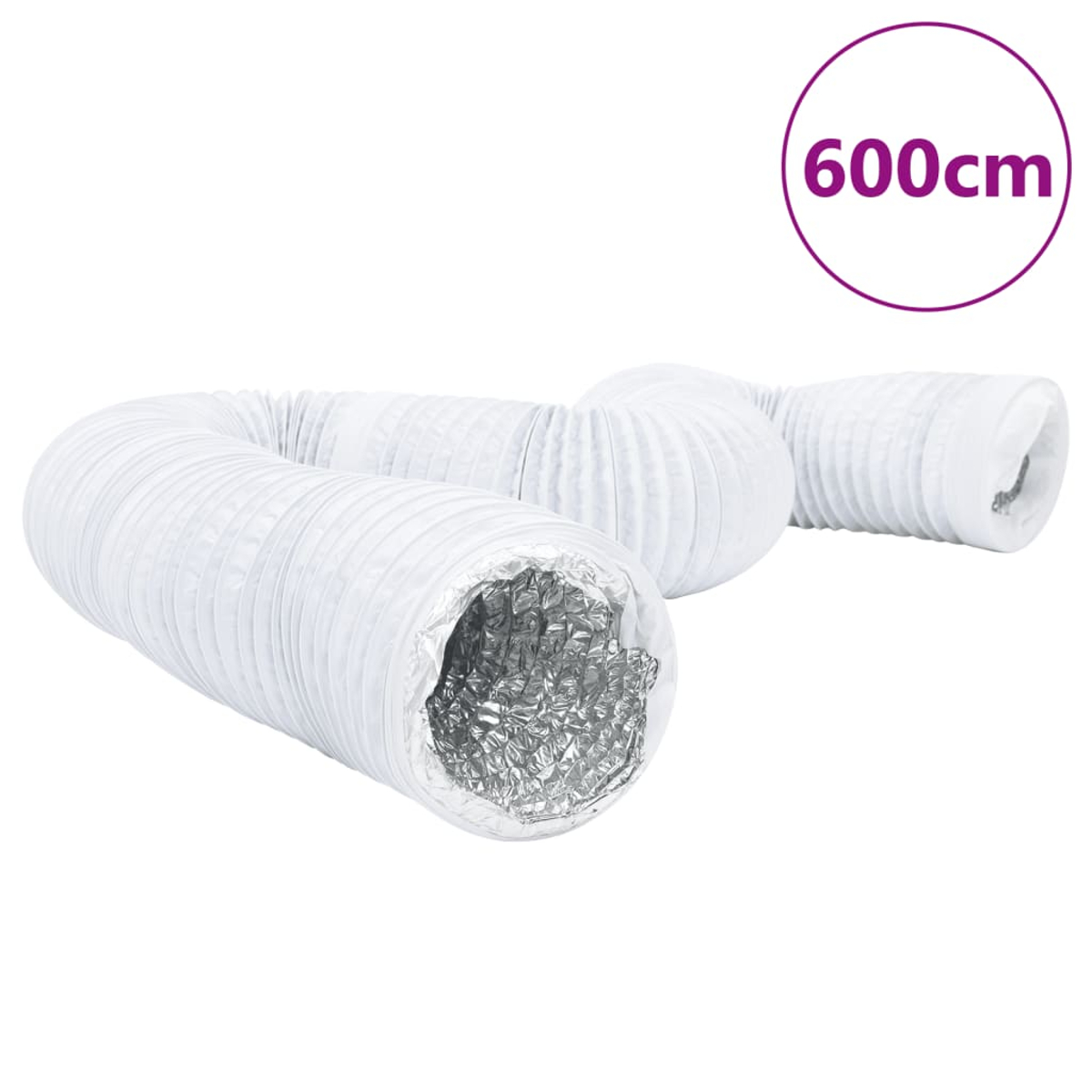Ein flexibler weißer Lüftungskanal mit silbernem Innenraum. Ein violetter Kreis zeigt die Länge von 600 cm an.