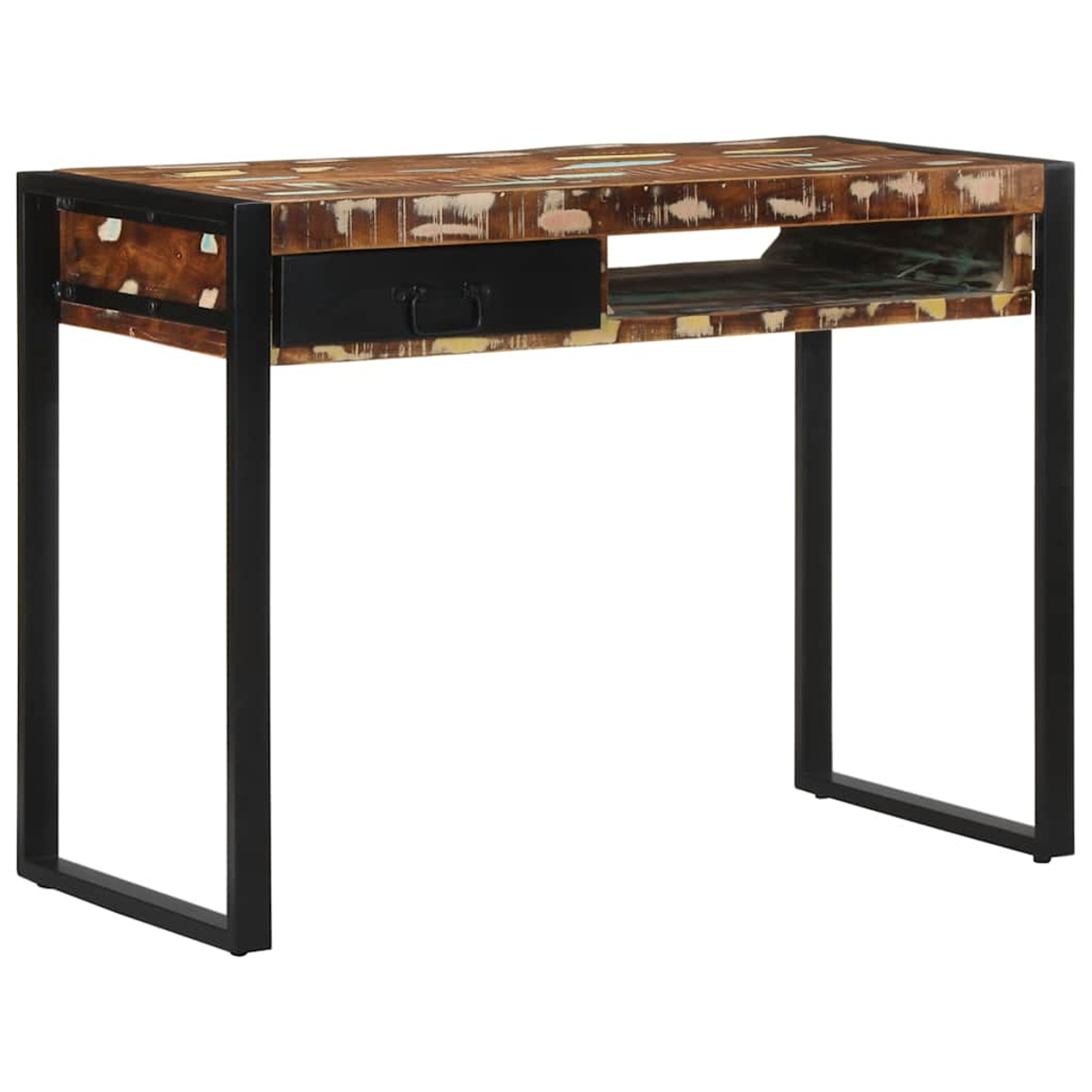 Ein Holzschreibtisch mit schwarzem Metallrahmen. Er hat eine Schublade und ein offenes Regal. Das Holz ist mehrfarbig.