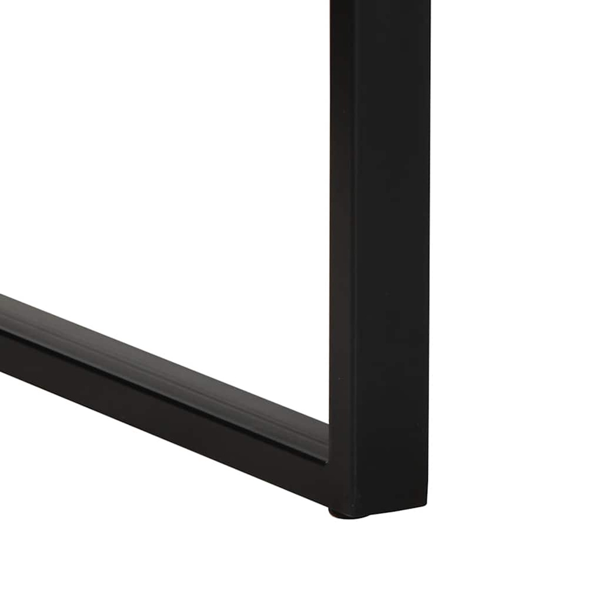 Nahaufnahme eines schwarzen Metall-Tischbeins vor weißem Hintergrund. Das Bein bildet eine Ecke, mit einem horizontalen und vertikalen Balken.