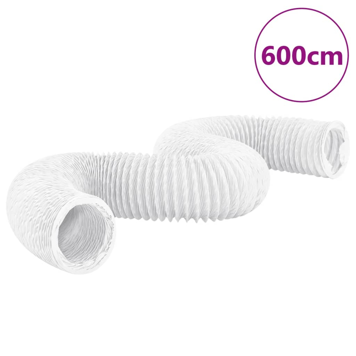 Ein weißer, flexibler Lüftungskanal, wellenförmig gebogen. Ein lila Kreis zeigt an, dass er 600 cm lang ist.