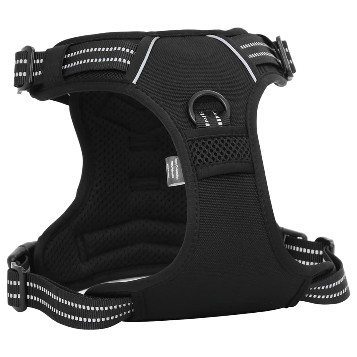 Schwarzes Hunde-Geschirr mit reflektierenden Streifen, D-Ring und verstellbaren Trägern. Mesh-Futter. Aus Polyester.