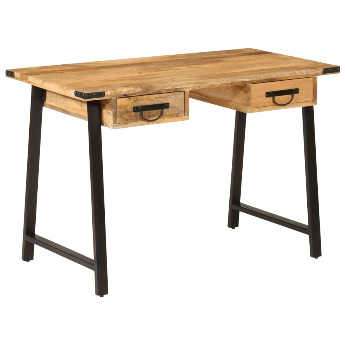 Holzschreibtisch mit zwei Schubladen und schwarzen Metallbeinen. Die Oberseite und Schubladen sind hellbraun, mit schwarzen Griffen und Eckdetails.