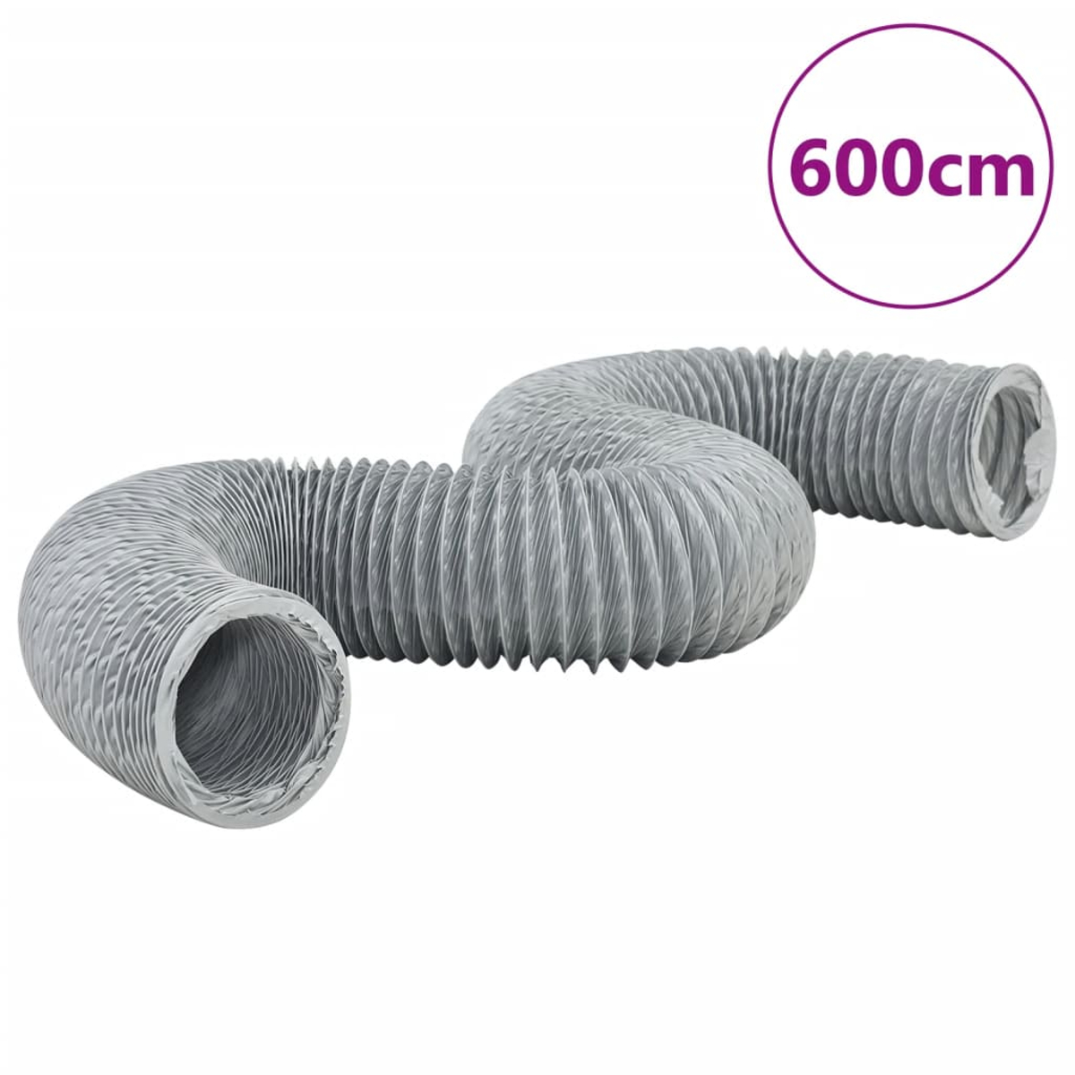 Ein graues, flexibles, wellenförmiges Rohr, das mit '600cm' in einem lila Kreis gekennzeichnet ist. Das Rohr biegt sich vor weißem Hintergrund.