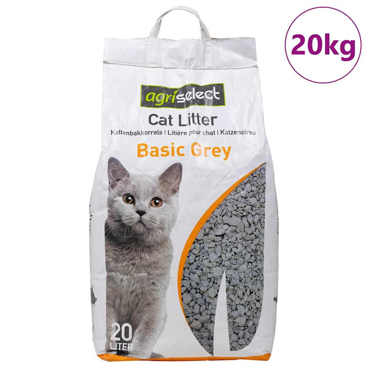 Un sacco di lettiera per gatti con l'immagine di un gatto. C'è scritto 'Basic Grey' e '20kg'.