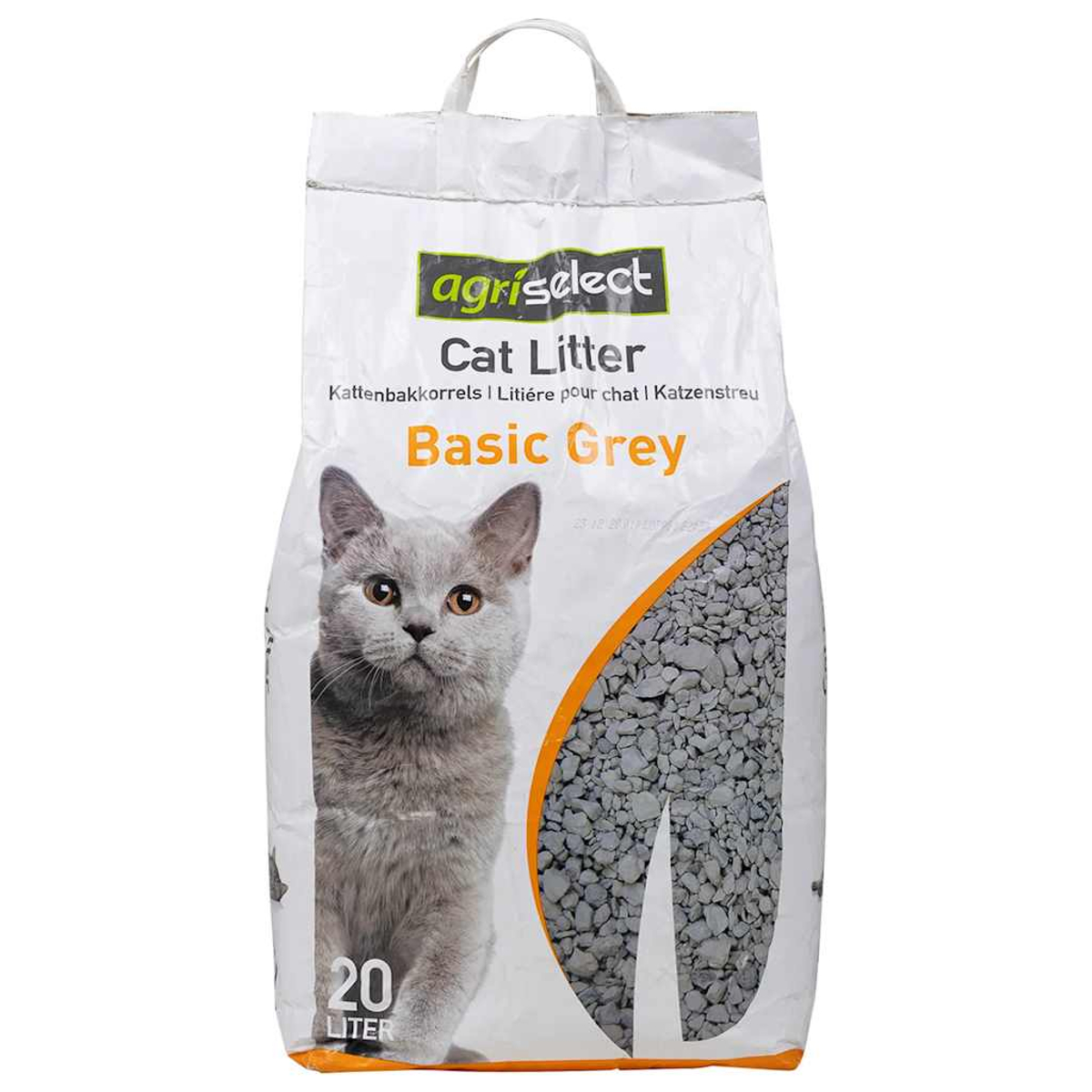 Sacco di lettiera per gatti con un gatto grigio sul davanti. Etichettato 'agriselect Cat Litter Basic Grey' e contiene 20 litri.